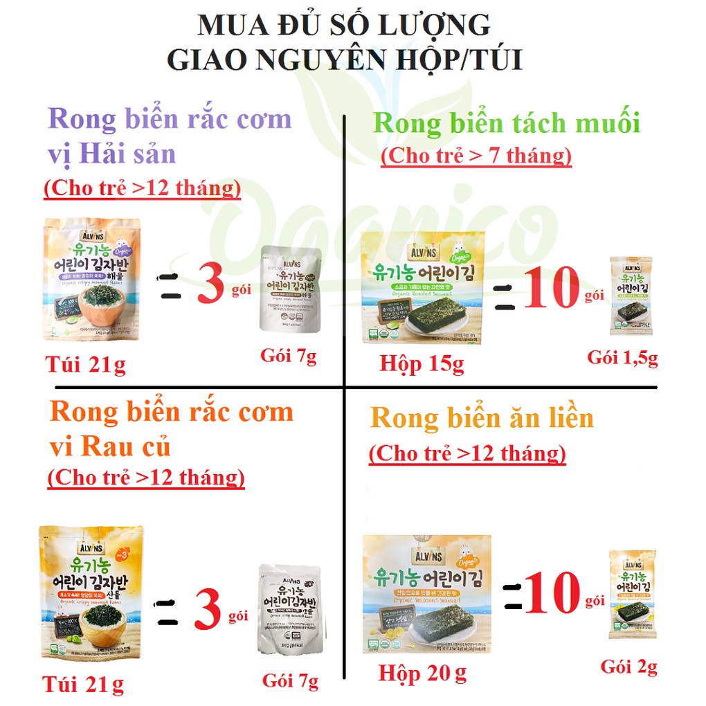 Rong biển tách muối hữu cơ ALVINS Hàn Quốc cho bé ăn dặm, ăn liền, cuộn cơm, rắc cơm
