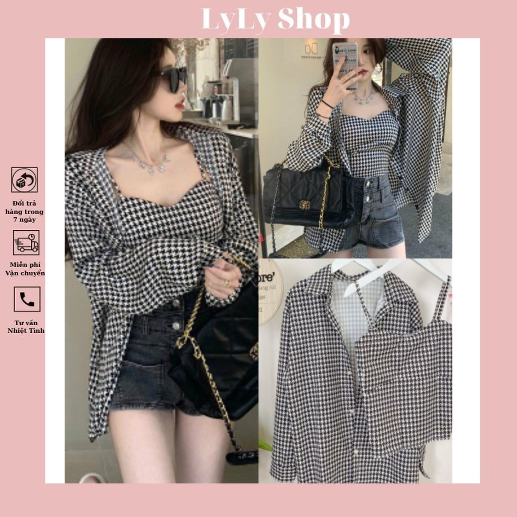 Bộ Áo Sơ Mi Áo 2 Dây Kẻ Ô Vuông ,Áo Khoác Nữ Kèm Áo Ngắn X078 Lyly Shop