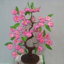 Cây đào trưng tết bằng vải - có cặp chim nhỏ dưới chân - cao 50cm