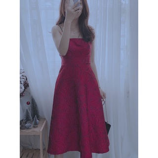 Đầm gấm hai dây dáng xoè 2 màu trắng/đỏ