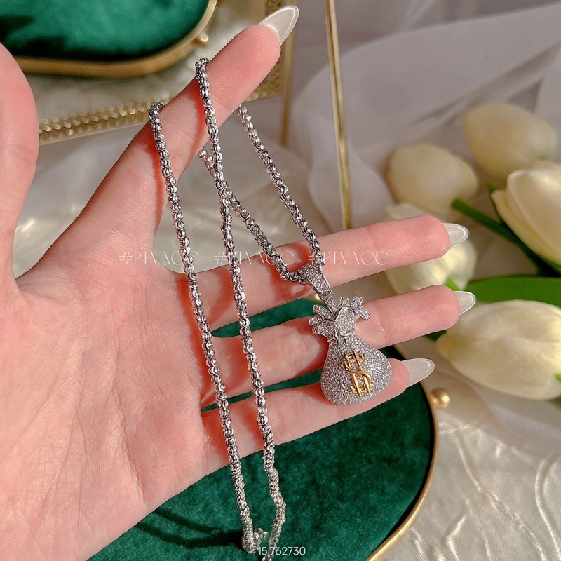 Dây chuyền, vòng cổ bi mảnh phối mặt túi tài lộc kim vàng .PTNACC.