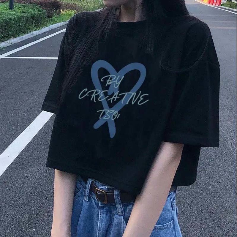 Áo thun nữ Croptop in hình trái tim cách điệu form rộng vải cotton dày dặn co giãn 4 chiều