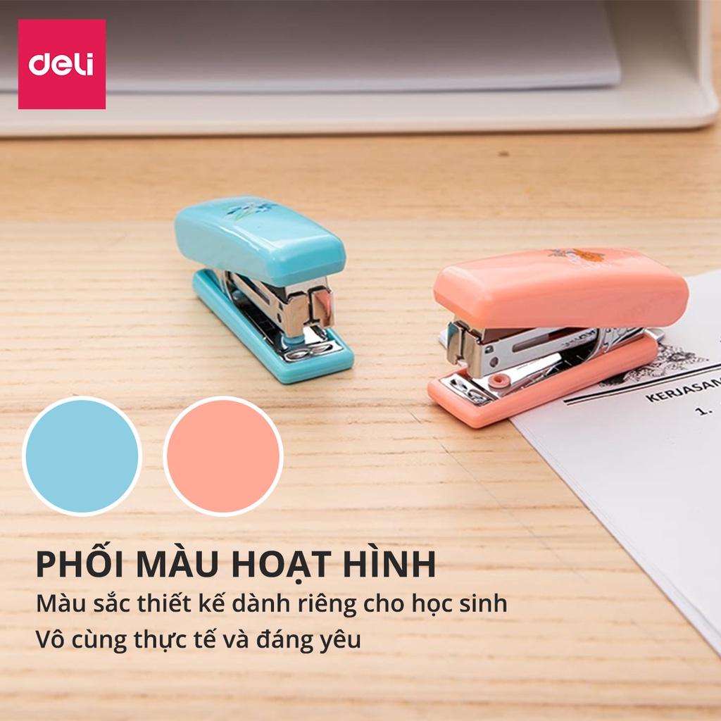 Dập ghim #10 Deli, Đính kèm 1000 chiếc ghim 12 trang, Xanh, vàng, trắng, hồng - 1 cái E0254