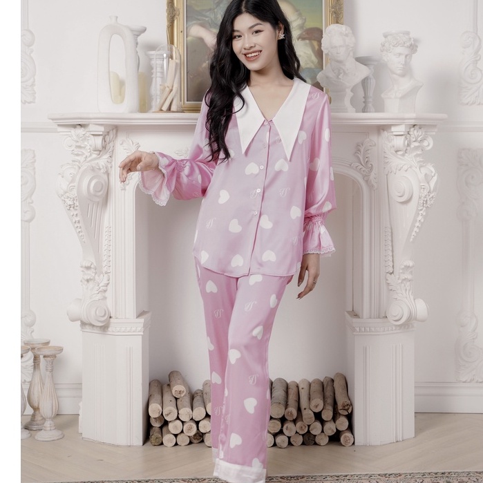 Bộ Ngủ Nữ Venus Secret Pijama Dài Tay Hồng Chấm Tim Trắng