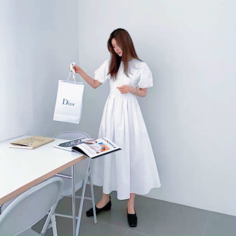 Đầm váy cổ tròn xếp li 4 màu