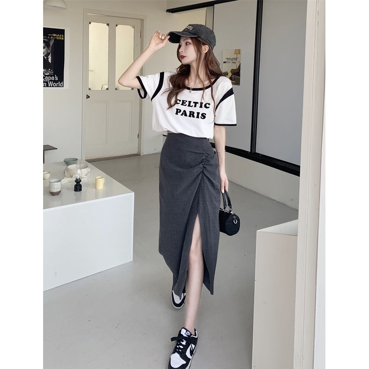 Bộ Áo Thun Ngắn Tay Ghép Màu Phối Chân Váy Dài Trung Bình Thời Trang Mùa Hè Cho Nữ