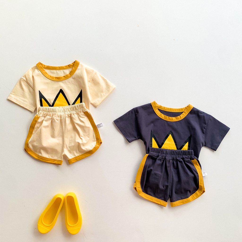 Set áo thun tay ngắn + quần short in hình vương miện dễ thương cho bé 0-4 tuổi