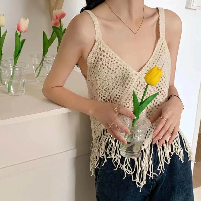 Brroa Áo Croptop Dệt Kim Phối Tua Rua Cổ Chữ V Phong Cách Boho Cho Nữ