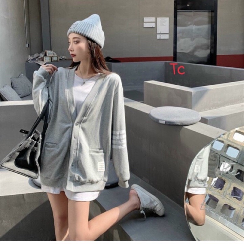 Ak020 Áo Cardigan nỉ Bóng Chày xám đen Hàn Quốc Siêu Xinh Cadigan thu đông nữ cài nút Dáng Rộng Tay Dài Cổ Chữ V