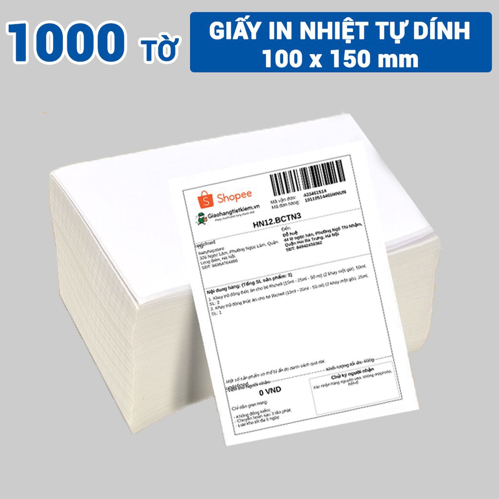 ⚡️⚡️⚡️Giấy In Nhiệt 1000 tờ - khổ A6 3 lớp chống nước không phai chữ in đơn hàng tự dán dùng cho máy in nhiệt SP46