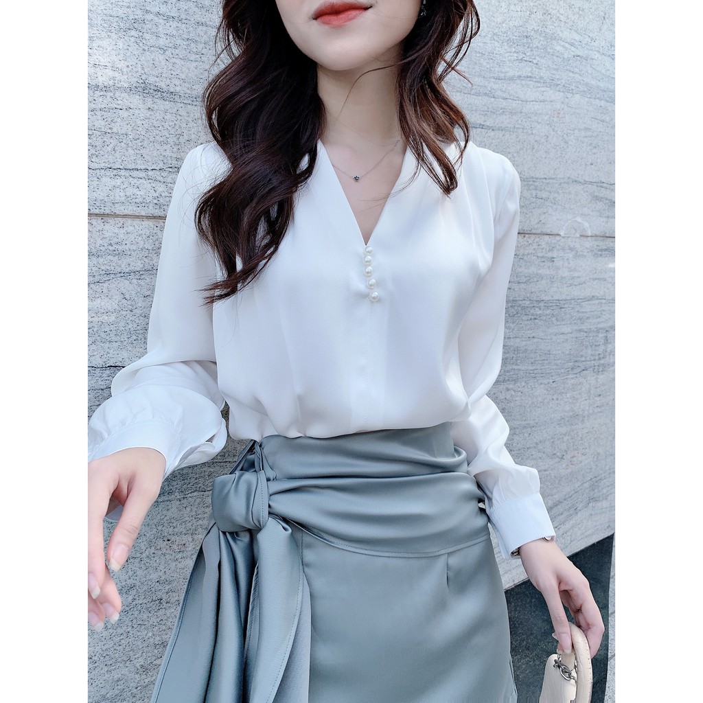 Áo sơ mi lụa tay dài cổ V cúc ngọc, áo công sở đơn giản A865 KYMIE