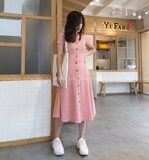 Váy cộc tay cotton tăm cúc dọc