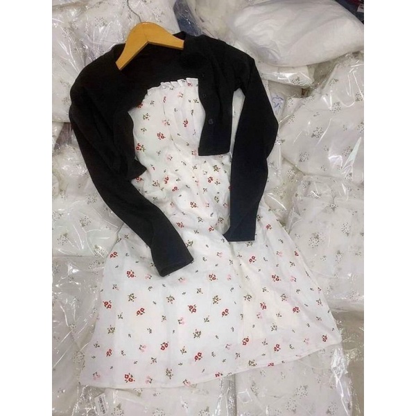 SET ĐẦM HOA 2S KÈM KHOÁC  ĐEN