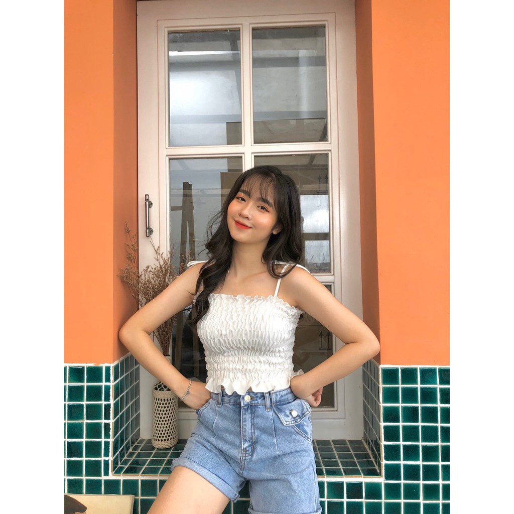 ÁO 2 DÂY NHÚN BÈO BUỘC NƠ ULZZANG ĐEN TRẮNG TÍM NÂU - ÁO CROPTOP HAI DÂY THẮT NƠ HOT