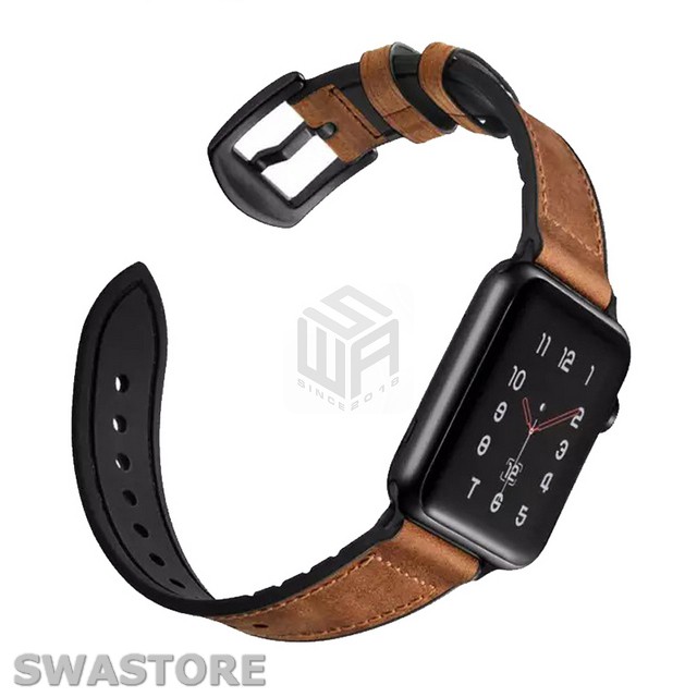 [Da thật] Dây da Apple Watch series 1/2/3/4/5 kiểu hybrid da lót silicon mát da tay, SWASTORE