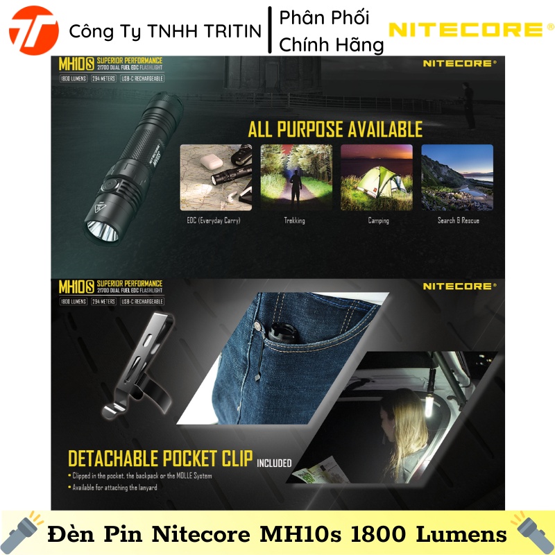 Đèn Pin EDC Nitecore MH10s 1800 Lumens, Tầm Chiếu 294m, 21700 or 18650 or CR123  | TRITINCO
