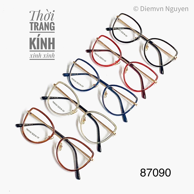 Gọng kính cận mắt mèo cao cấp 87090 cho nữ , Kim loại mảnh, Form kính siêu nhẹ