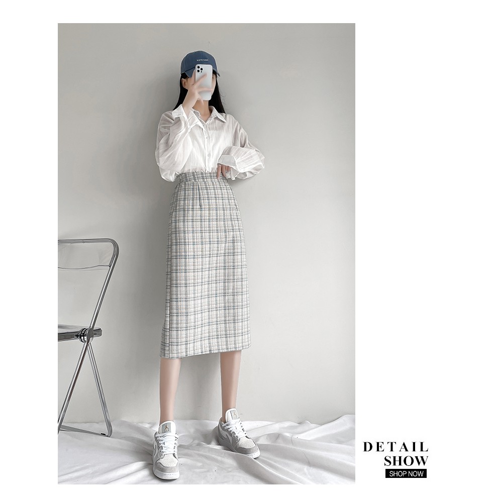 Chân váy dài kẻ ulzzang xẻ tà, chân váy midi lưng cao hoạ tiết sọc caro sogeum.store | BigBuy360 - bigbuy360.vn