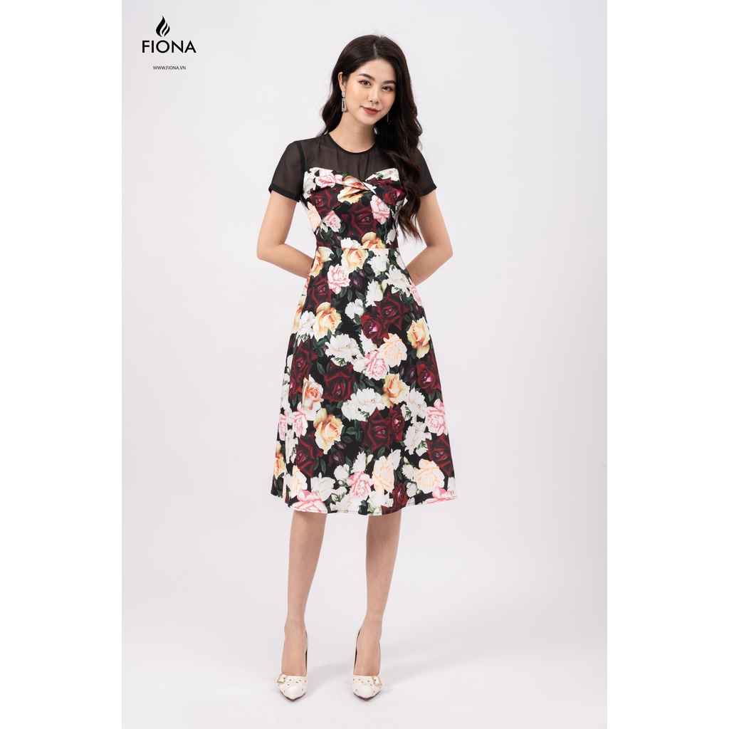 Đầm xòe FIONA, đầm nữ công sở xoắn ngực họa tiết hoa 3D mã F451261