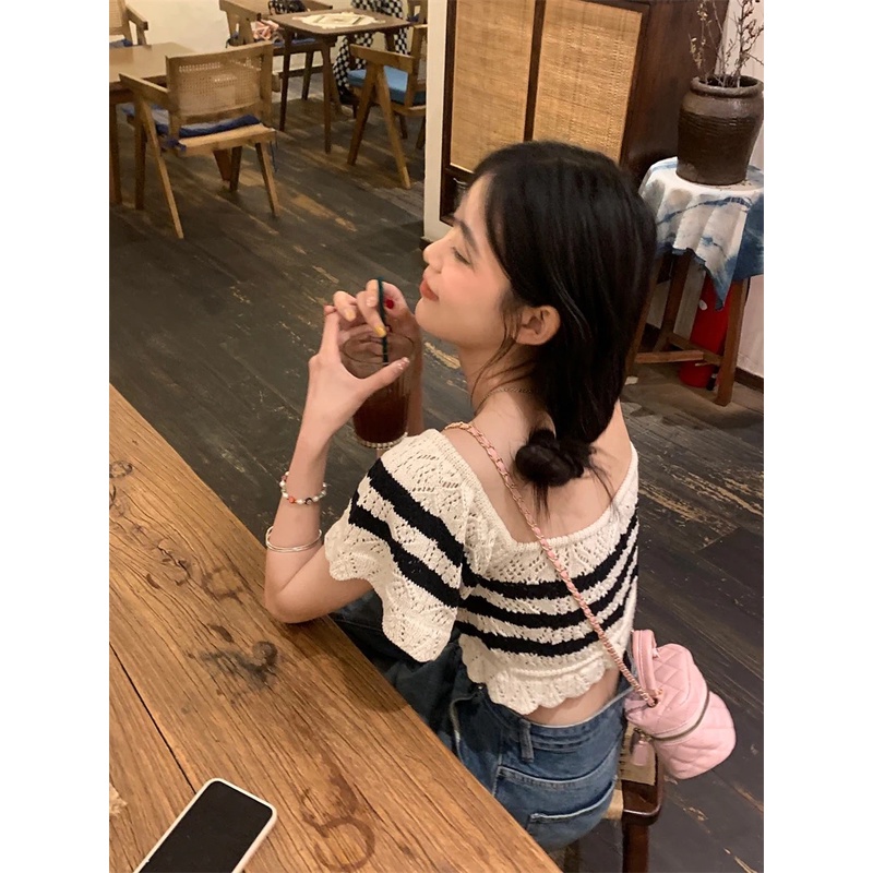 MS720 Áo len nữ croptop kẻ ngang bo eo tay xoè