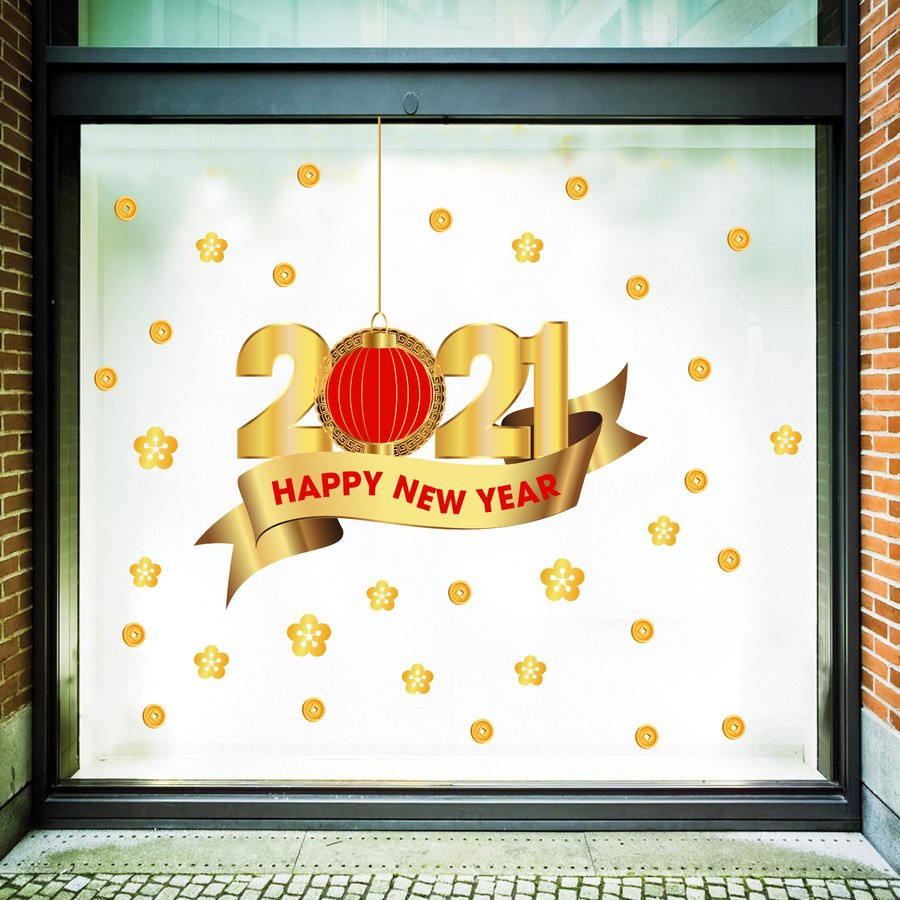 Decal chúc Tết 2021 Happy new year có keo sẵn dán được trên tường và kính
