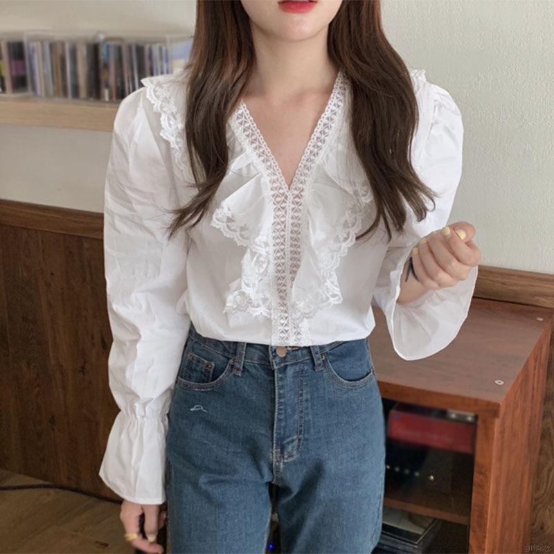 Áo Sơ Mi Tay Dài Phối Ren Xinh Xắn Thời Trang Dành Cho Nữ