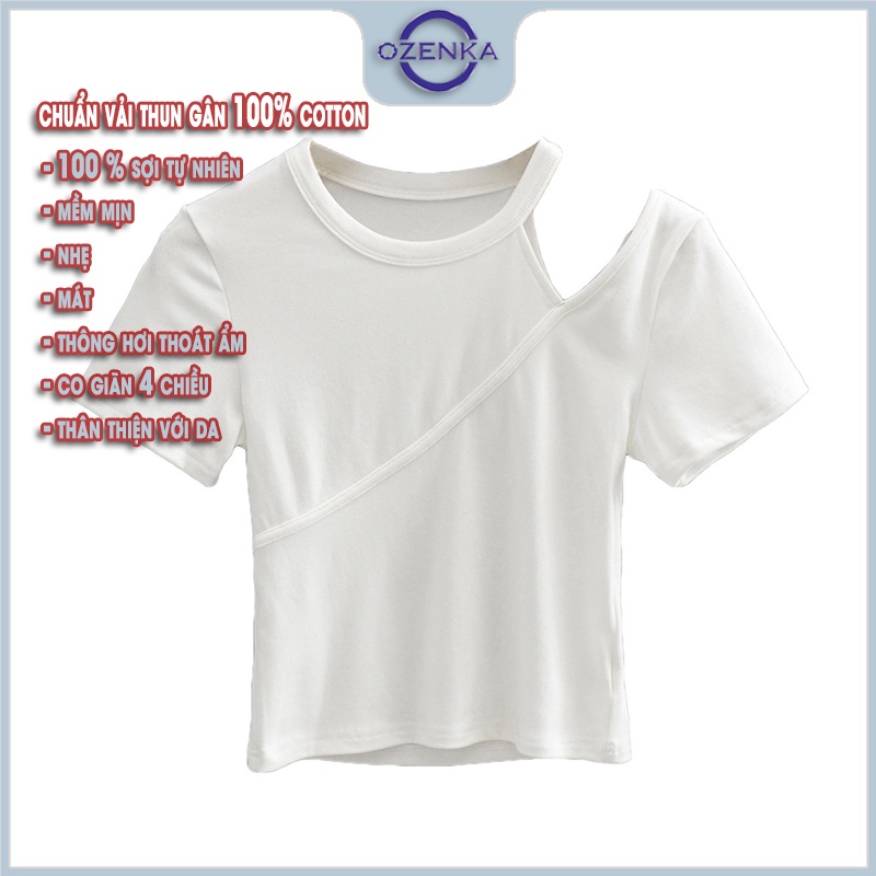 Áo croptop tay ngắn ôm hở vai cổ tròn OZENKA , áo thun crt roptop kiểu hàn quốc mẫu mới 2022 100% cotton đen trắng