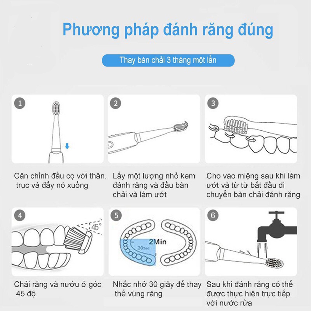 Bàn chải đánh răng, Bàn chải điện công nghệ rung sóng âm cao cấp tặng kèm 4 đầu bàn chải