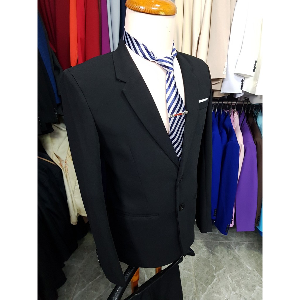 Bộ vest nam form suông 2 nút màu đen chất vải dày mịn co giãn + cà vạt kẹp