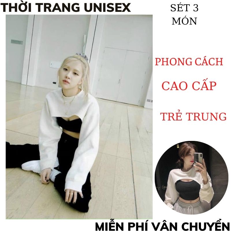 Set áo croptop khoét ngực tay dài kèm áo 2 dây ôm body ,bộ 2 món áo thun crt phong cách ulzzang MÂY_1989