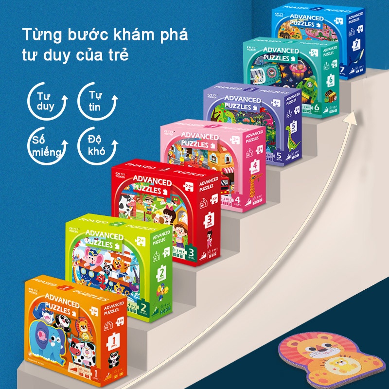 Bộ đồ chơi xếp hình, ghép hình gỗ thăng cấp 7 cấp độ cho bé từ 2-7 tuổi, Đồ chơi gỗ giáo dục thông minh Montessori