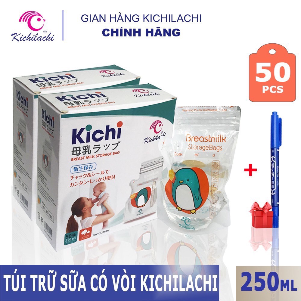 Túi trữ sữa kichilachi 250ml ( hộp 50 c) - tặng kèm bút ghi không phai