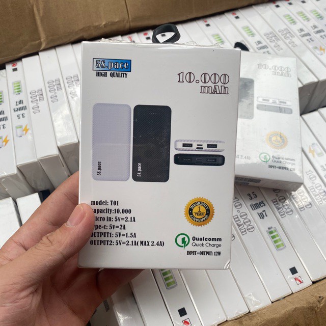 Sạc dự phòng 10.000mAh 5S.PACE model T01 2 cổng usb có sạc nhanh 2.1A 12W