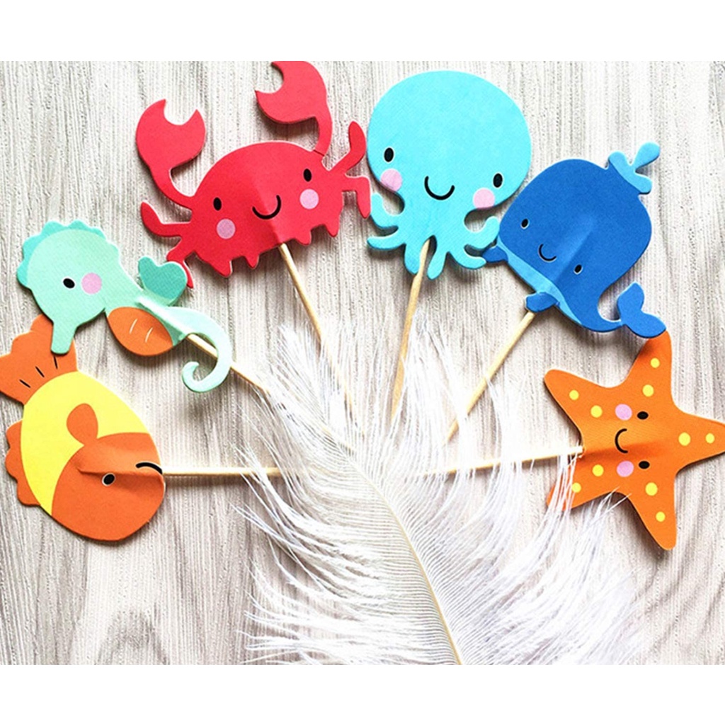 Bộ 24 Phụ Kiện Trang Trí Bánh cupcake Hình Sinh Nhật/Cá Ngựa/Sưa Biển/Cua