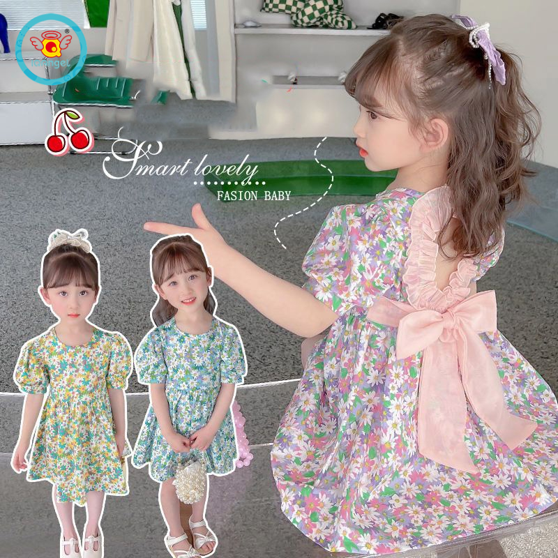 Đầm IQ Angel cotton hở lưng họa tiết hoa thời trang mùa hè dành cho bé gái