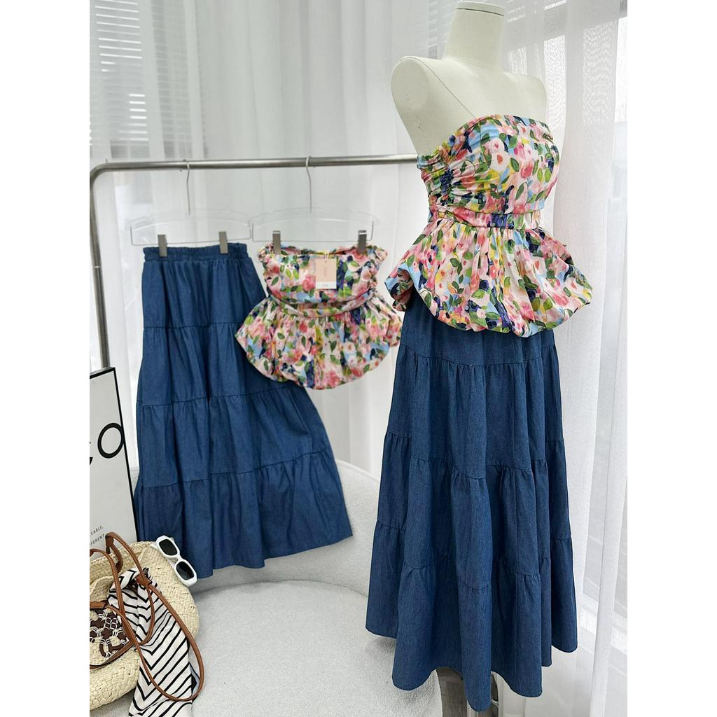 SET ỐNG HOA CÚP NGỰC + CHÂN VÁY MIDI JEAN XOÈ
