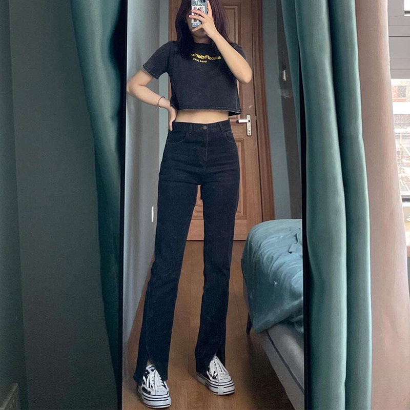 IELGY Quần jean đen lưng cao dáng rộng xẻ tà phong cách cổ điển Hàn Quốc cho bạn nữ