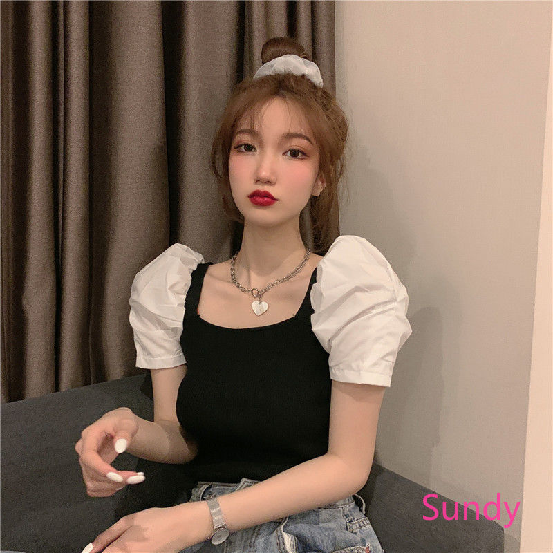 Áo Dệt Kim Cổ Vuông Tay Phồng Thời Trang Mùa Hè Dễ Thương Cho Nữ