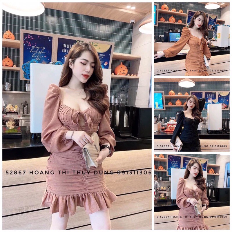 Đầm nhún xoè đuôi cá tay dài