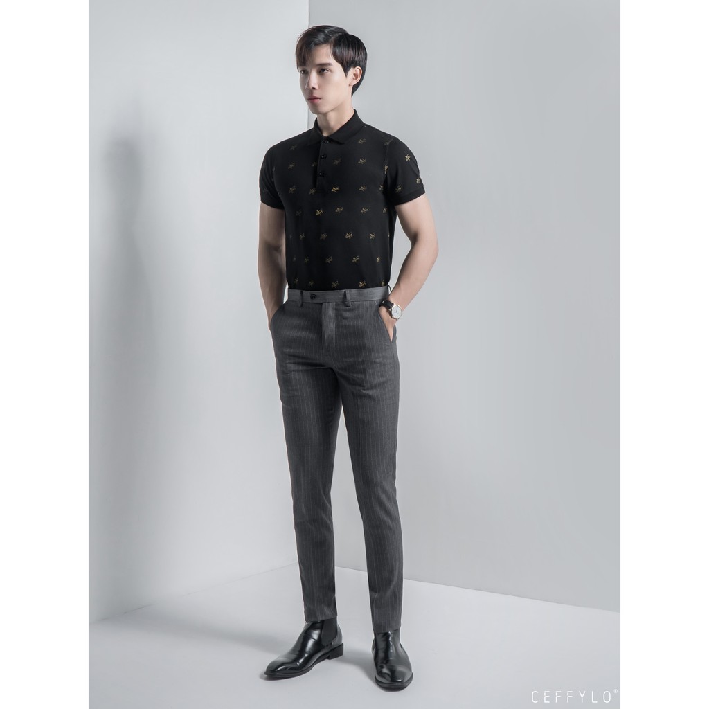 Áo Polo họa tiết ong in tràn Đen Ceffylo, vải Cotton mềm mịn CEFFYLO