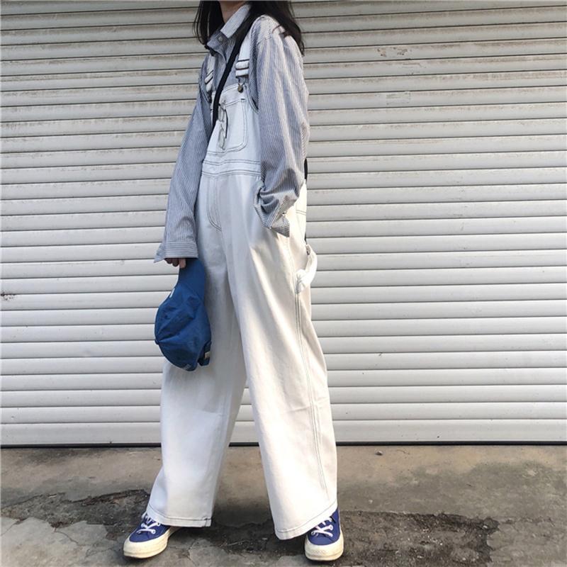 Quần Yếm Denim Ống Rộng Màu Đen Ống Rộng Phong Cách Hàn Quốc Retro Thời Trang Cho Nữ Mới