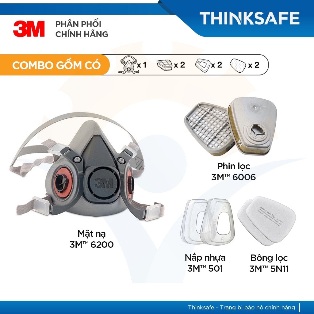Mặt nạ phòng độc 3M 6200 / 6006 lọc hơi độc, hơi hữu cơ vô cơ, phun sơn, phun xịt thuốc sâu, axit - THINKSAFE