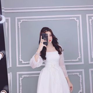ĐẦM XÒE PHỐI TAY LƯỚI THẮT DÂY EO