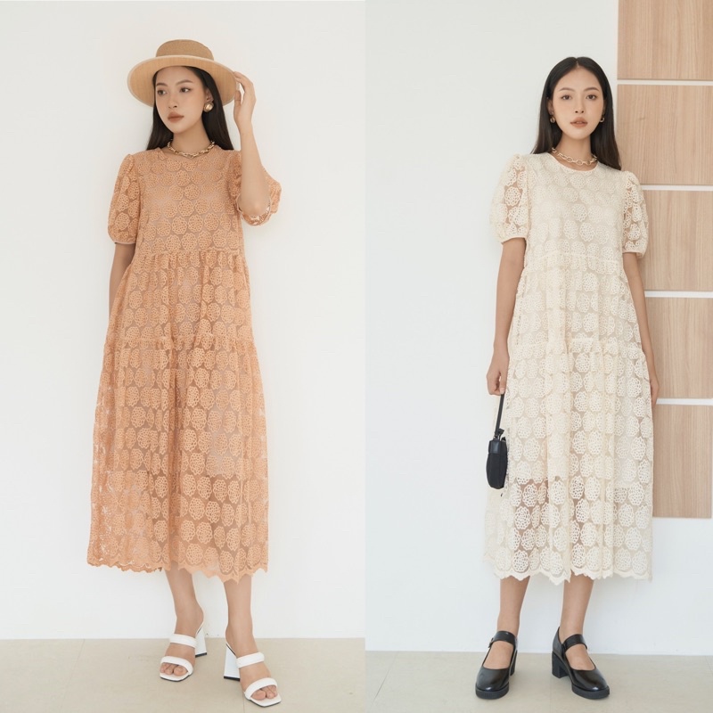 Đầm Ren Dáng Tầng Phom Suông Chất Liệu Ren Chỉ Thêu Cao Cấp Màu Vintage Phong Cách Hàn Quốc