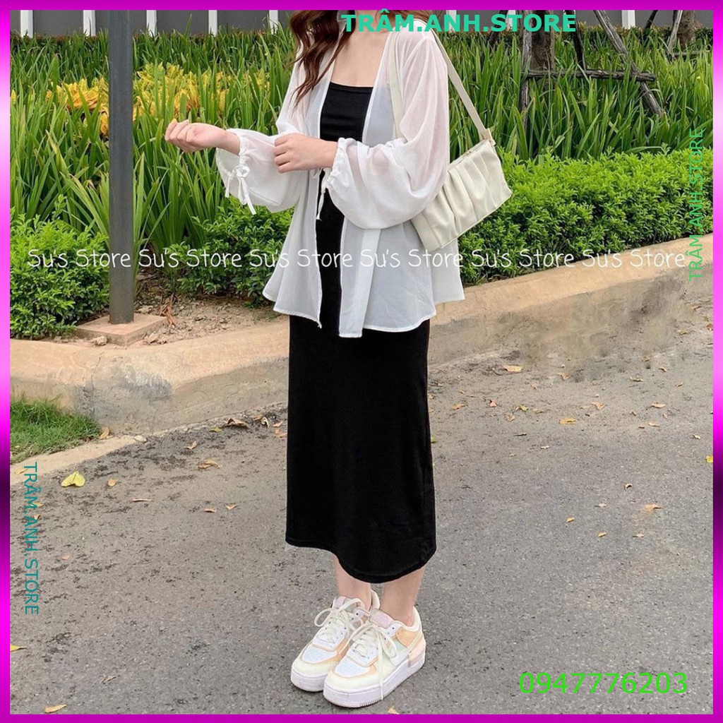 ÁO KHOÁC VOAN TAY BUỘC NƠ ĐEN TRẮNG - ÁO CADIGAN VOAN LỤA MỎNG KHOÁC NGOÀI RÚT DÂY ULZZANG 👗 👑 | BigBuy360 - bigbuy360.vn