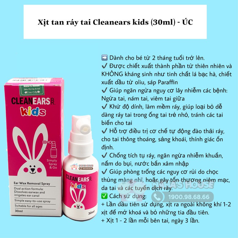 Xịt Tan Ráy Tai Cho Bé Cleanears Kids 30ml ( xịt tan ráy tai ÚC)