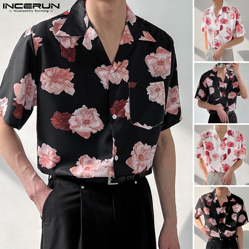 Áo sơ mi INCERUN ngắn tay dáng rộng in họa tiết hoa phối nút thời trang mùa hè cho nam