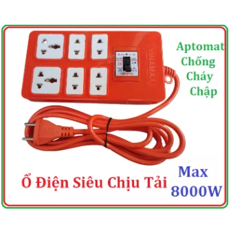 Ổ cắm điện đa năng siêu chịu tải, 6 lỗ cắm lõi sứ có Aptomat tự ngắt chống cháy chập quá tải