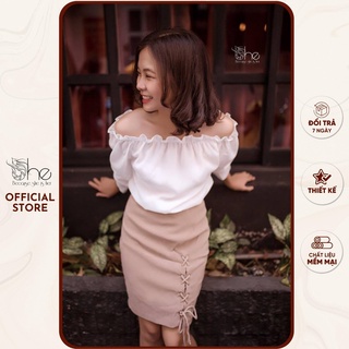 Áo trễ vai tay nhún She,áo trắng 1 lớp mỏng sexy cá tính SA278
