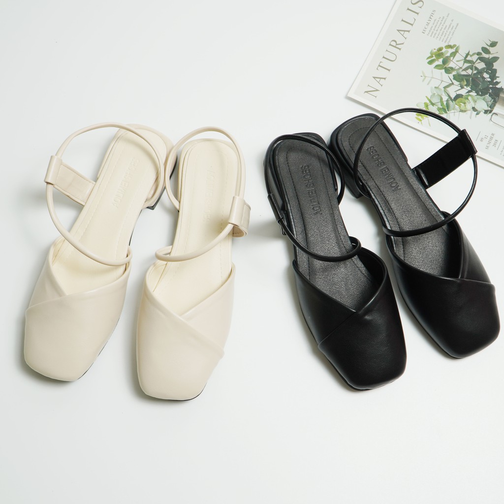 Sandal nữ mùa hè mũi vuông WOMENSTORY-Giày búp bê đế xuồng 2,5 cm da mềm-Sục quai chéo trẻ trung